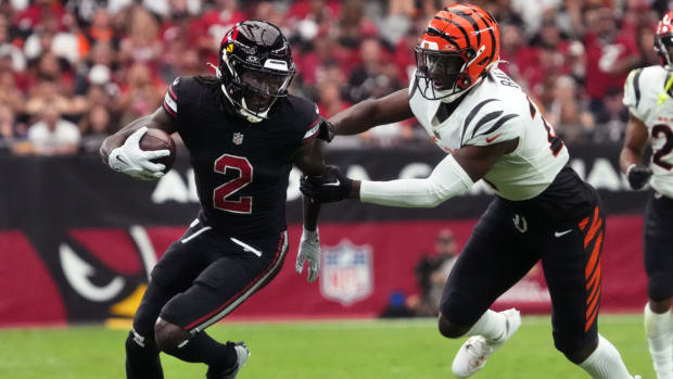 Arizona Cardinals receiver Marquise Brown (2) runs against Cincinnati Bengals safety Jordan Battle (27) at State Farm Stadium.